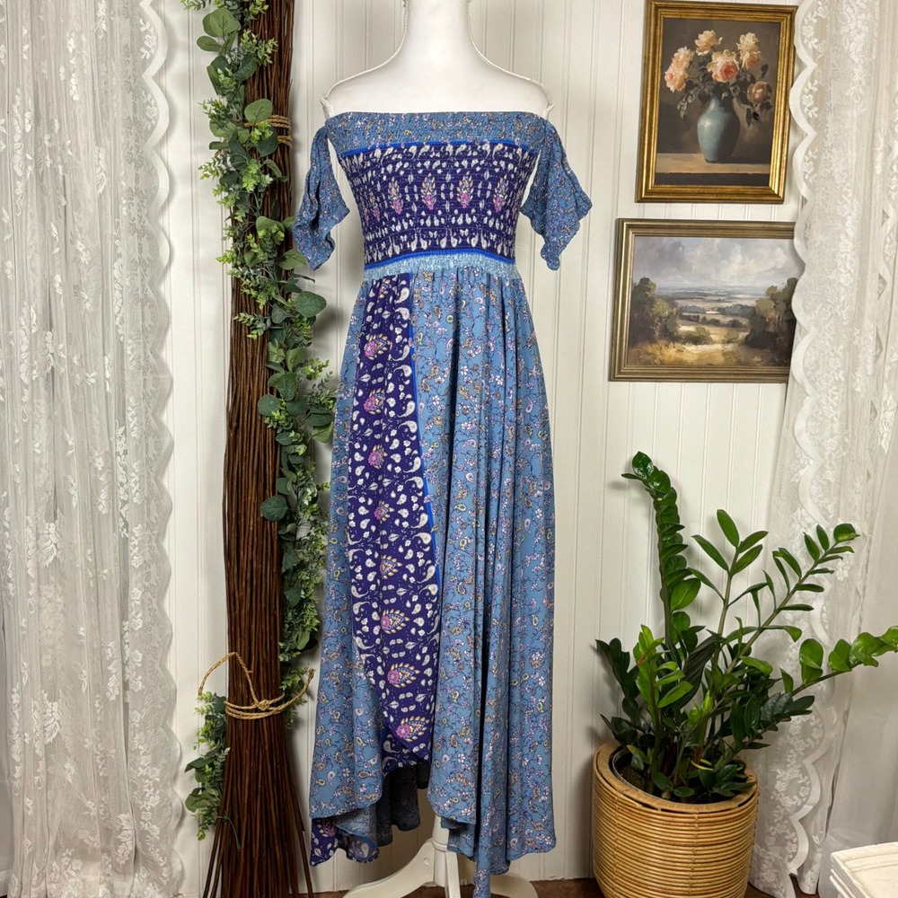 Jaase Maxi Dress Womens‎ Large Blue Excellent Boho Off Shoulder Smocked